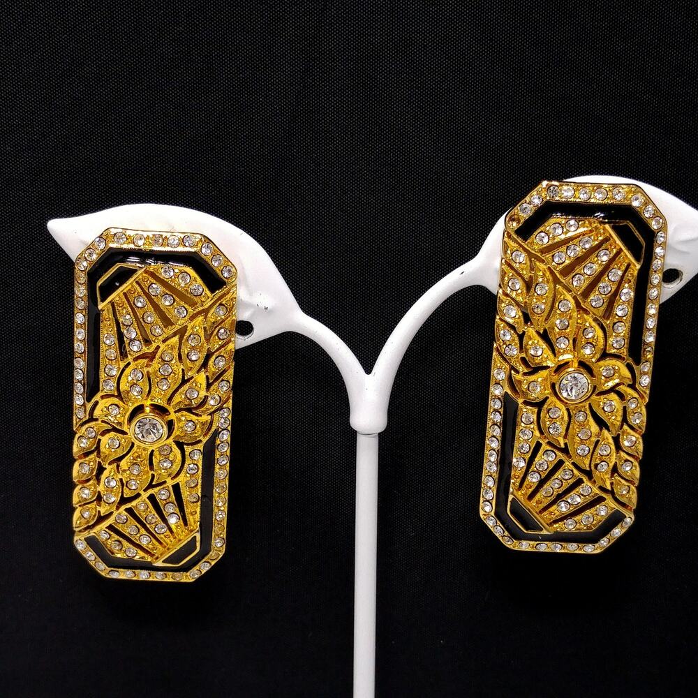 Art Deco Style Large Earrings, Clear Rhinestones, Black Enamel, 1980s Vintage
